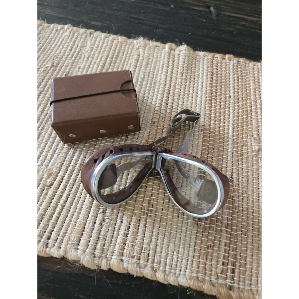 Vintage Goggles Motorcycle Leather Collapsable w/ Case Folding Biker
